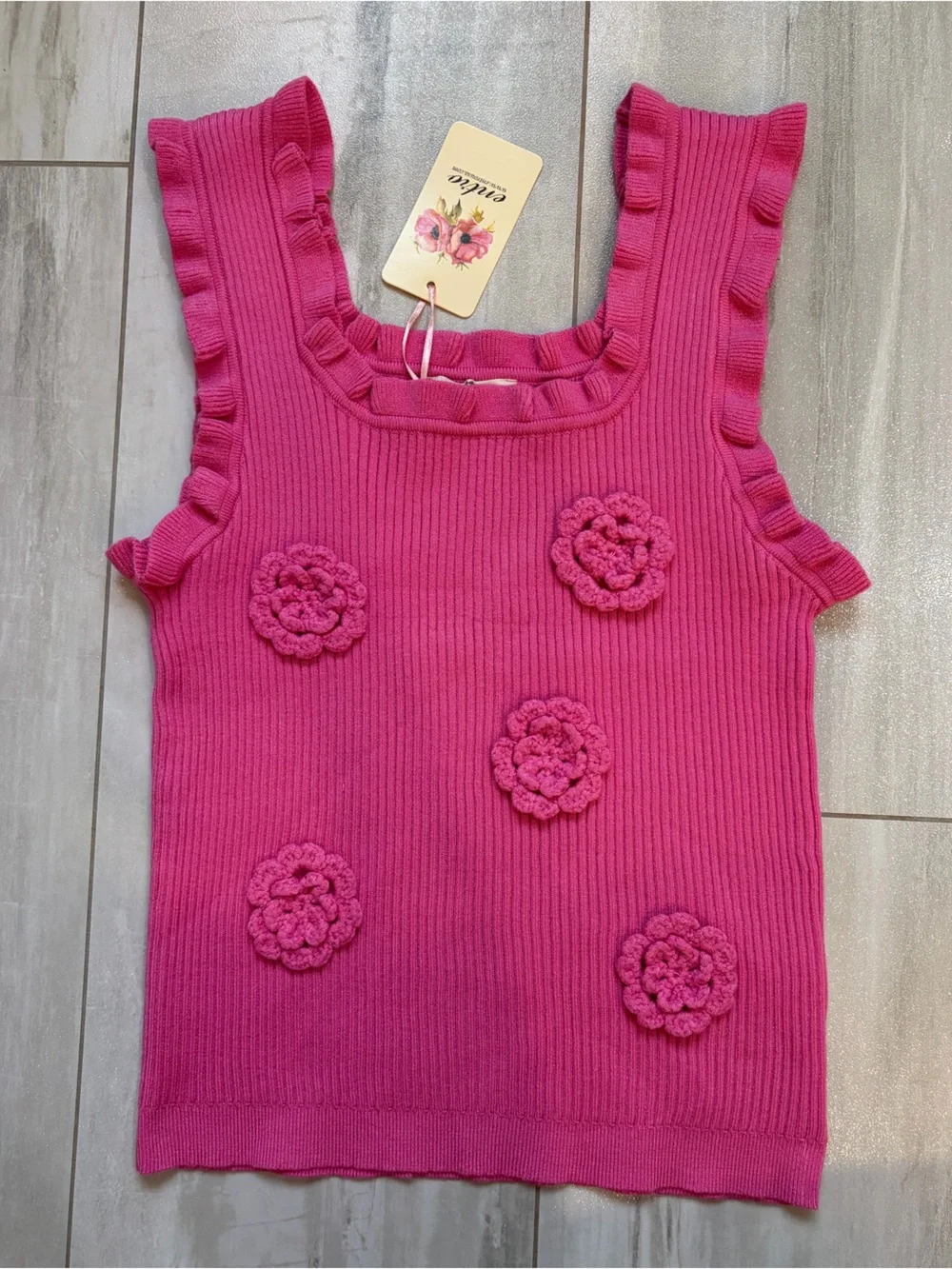 NWT Entro Hot Pink Sweater Knit Crochet Flower Ruffled Tank Top Women’s L